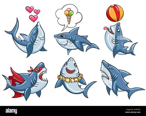 Establecer Tiburones De Dibujos Animados En Diferentes Vector Premium
