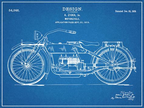 1919 Harley Davidson Motorcycle Blueprint Patent Print Drawing By Greg