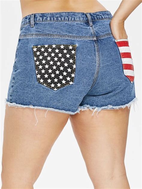 Rosegal Plus Size American Flag Raw Hem Jean Shorts Summer Five Pockets