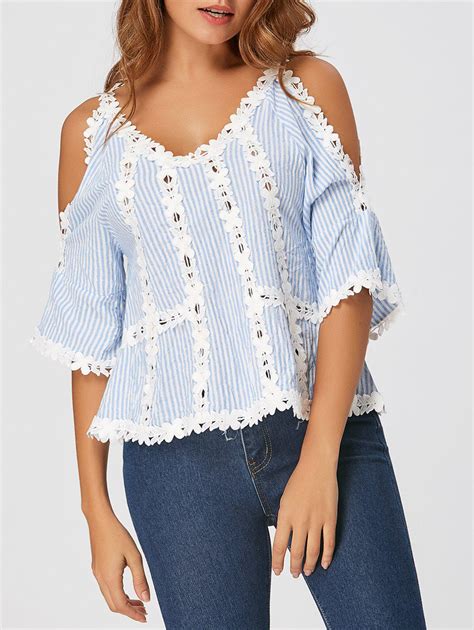 [52 off] striped lace insert cold shoulder blouse rosegal