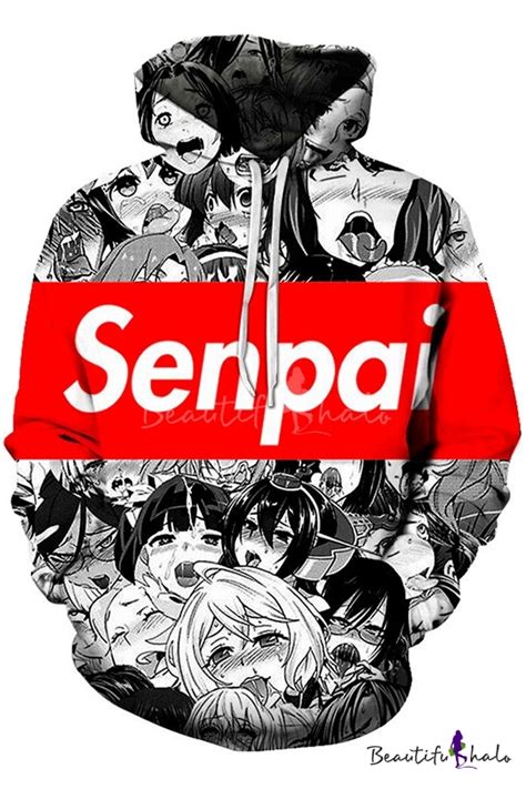 3d senpai letter comic ahegao figure printed black and white long sleeve unisex hoodie with