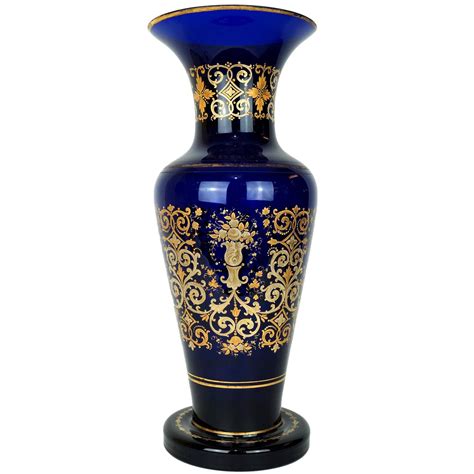 Large Antique Blue Bohemian Glass Vase With Gilt Floral Decorations For Sale At 1stdibs