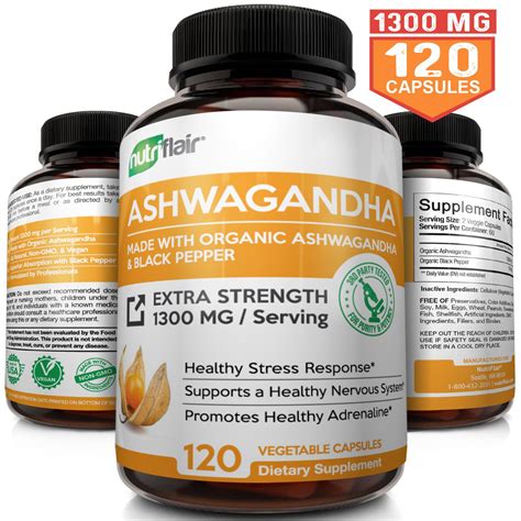 Certified Organic Ashwagandha Capsules 1300mg 120 Vegan Pills With