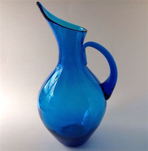 Blenko Art Glass Turquoise Blue Optic Rib Pitcher Ewer 1953 Winslow Anderson 991 Glass Art