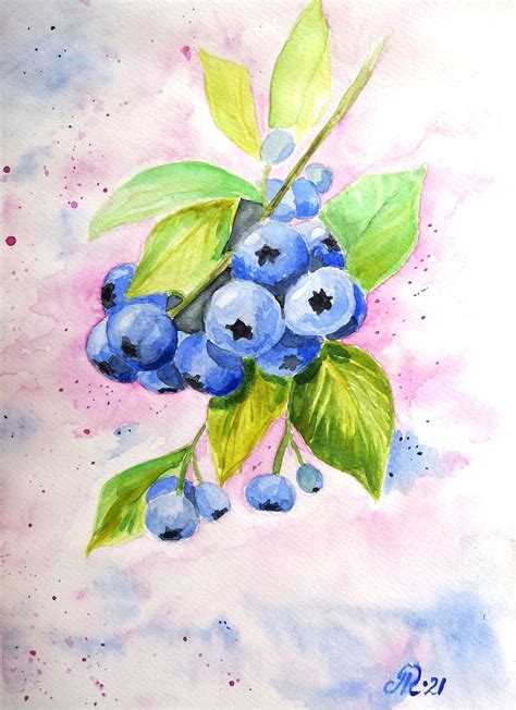 Blueberry Art Watercolor Painting A4 Etsy