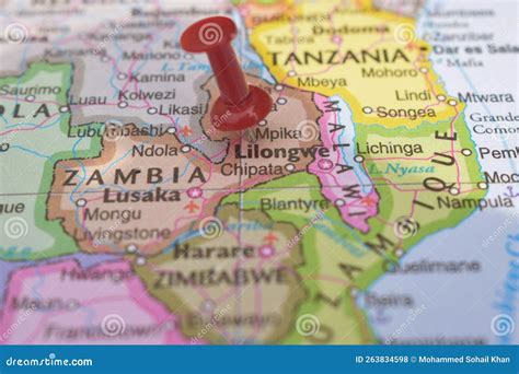 Red Push Pin Pointing Lilongwe On Location Of World Map Close Up View