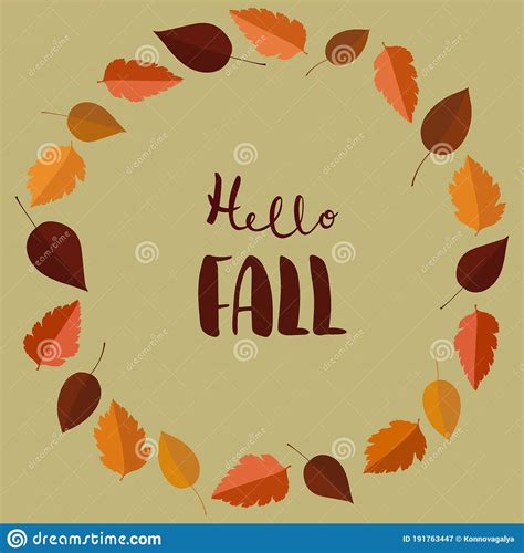Hello Fall Hand Drawn Text Surrounded With Autumn Leaves Arranged Into