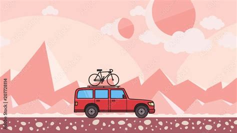 Animated Red Suv Car With Bicycle On The Roof Trunk Riding Through Pink
