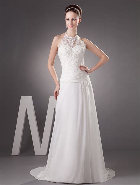 White Sheath Halter Beading Lace Chiffon Wedding Dress