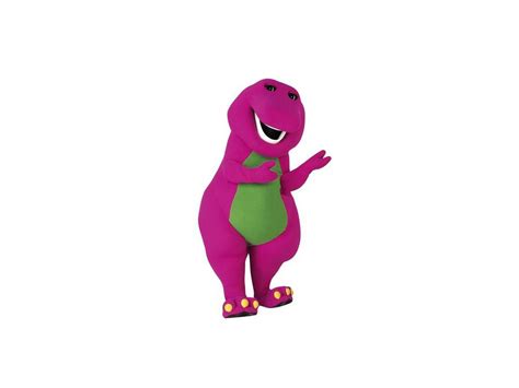 A Purple Dinosaur With Green Pants And Pink Shoes Standing In Front Of