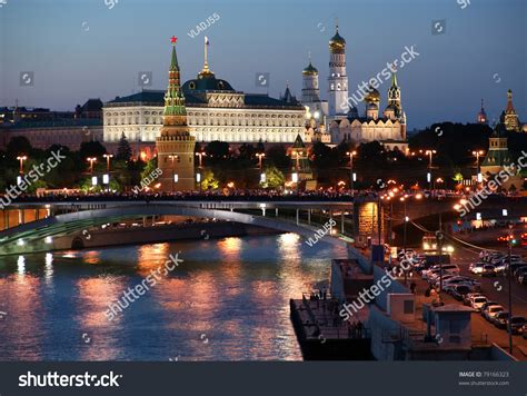 Russia Moscow Night View Of The Moskva River Bridge And The Kremlin