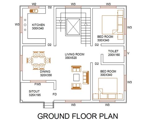 Autocad 2 Bhk House Plan Drawing With Furniture Layout Dwg File Cadbull