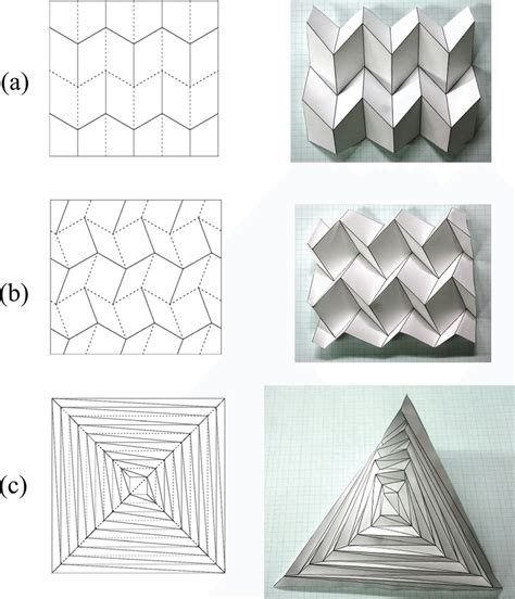 Examples Of Rigid Foldable Origami A Miura Ori B Dcs C Pleated