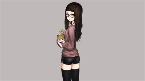 Anime Manga Anime Girls Minimalism Shorts Cats Meganekko Long Hair