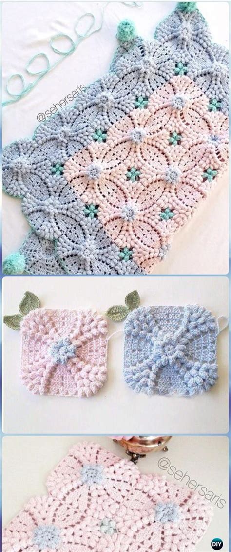Crochet Pearl Flower Popcorn Square Motif Free Patterns
