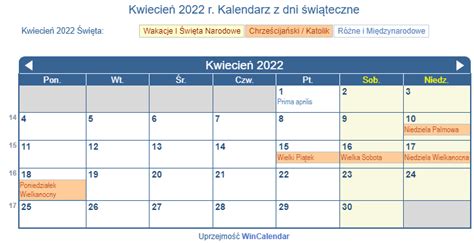 Polska Kalendarz Do Drukowania Kwiecień 2022