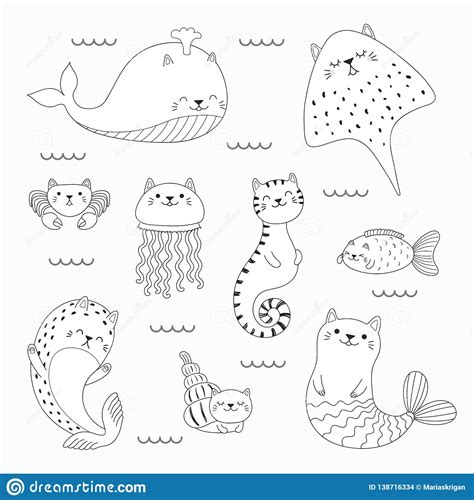 Fish tail banner with magic sparkles and stars. Kawaii Sea Cats Coloring Pages Stock Vector - Illustration ...