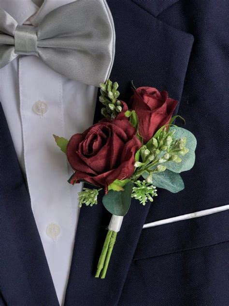 burgundy double rose eucalyptus boutonniere wedding etsy green and burgundy wedding