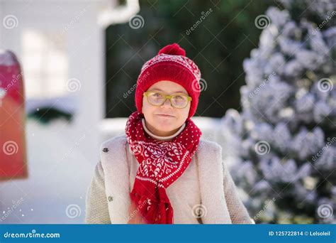 Happy Little Boy With Red Hat And Green Glasses Christmas Timse Stock