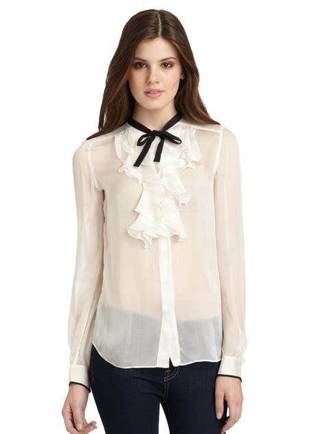 Lyst Dolce And Gabbana Sheer Ruffled Silk Blouse In White