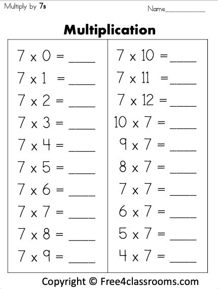 Multiplication 7s Worksheet