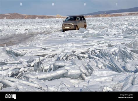 Car On Frozen Lake Baikal Olkhon Island Siberia Russia Eurasia