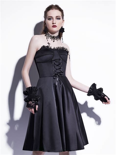 Gothic Vintage Dress Black Strapless Retro Sleeveless Lace Up Straps Backless Sexy Sheath Slim A