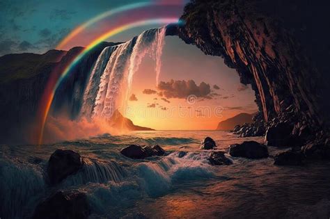 A Rainbow With Its Colors Shimmering Over A Cascading Waterfall During
