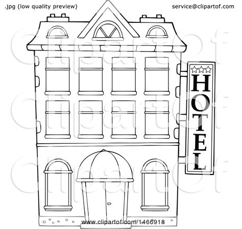 Clipart Of A Black And White Hotel Building Royalty Free Vector