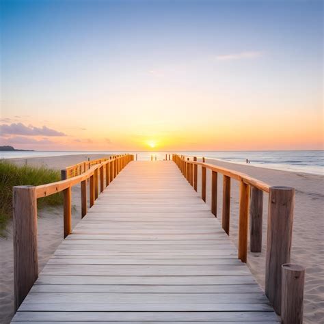 Premium Ai Image Wooden Walkway At Beach On Sunset Generated By Ai