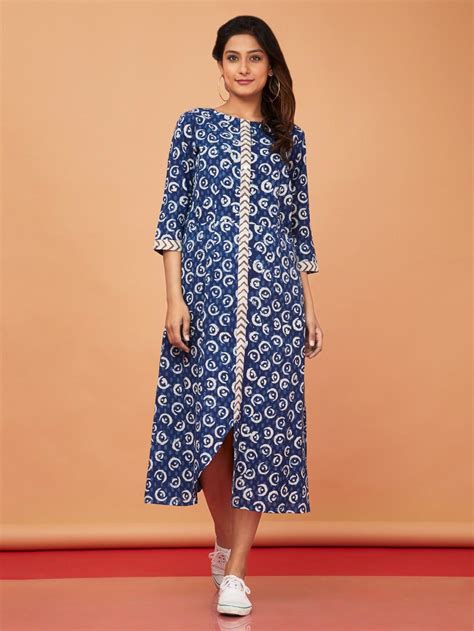Buy Blue Block Printed Cotton Dress Online At Theloom