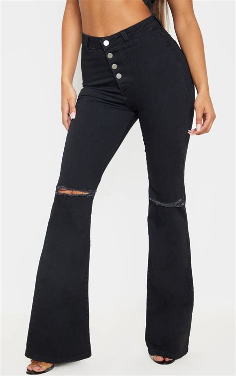 Washed Black High Waisted Rip Flared Jeans Prettylittlething Ie