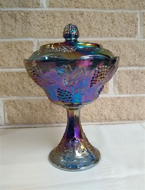 Blue Carnival Glass Covered Pedestal Dish Harvest Grape By Indiana