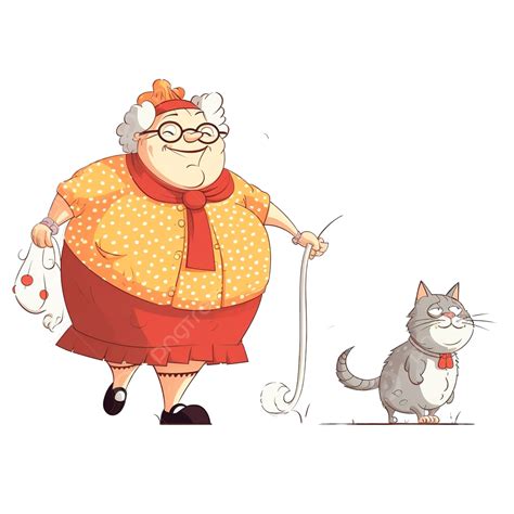 Funny Elderly Fat Housewife Walking With Her Fattened Domestic Cat