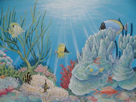 Multicolored coral reef painting, coral reef sea ocean, sea, aquarium, sticker png. Coral Reef - Fish Tales Painting by Bonnie Golden
