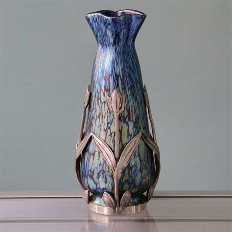 Loetz Papillon Art Nouveau Iridescent Glass Vase With Van Hauten Pewter Mount C 1905