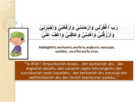 Bacaan doa ketika duduk di antara dua sujud dalam shalat (duduk iftirasy). Taman Hati: Khusyuk - Hayati makna bacaan