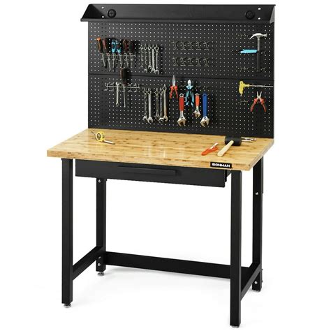 Gymax 48 Inch Workcenter Bamboo Top Garage Workbench Wpegboard And