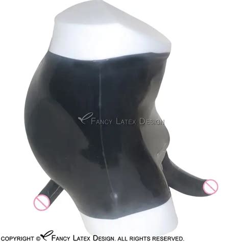 Black Mid Waist Latex Briefs With Anatomical Penis Sheath And Anal Condom Rubber Underwear