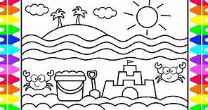 How to Draw the Beach Step by Step for Kids 💙Beach Drawing for Kids | Beach Coloring Pages for Kids