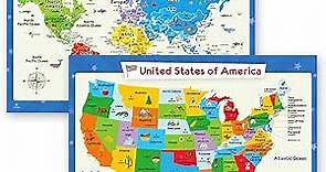 2 Pack - World Map Poster for Kids Wall and United States Map for Kids, Learn Capitals, States, Continents, Perfect Maps for Children, Kindergarten, Preschool, Playroom or Classroom, Laminated, 24x18