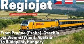 Regiojet train from Prague (Praha) via Vienna (Wien) to Budapest. Prague main station & train review