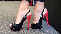Amanda Reviews Vocosi Red Black Open Toe 6 Inch Sling Back High Heel Shoes