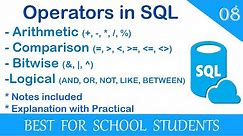 8. Operators, Operands, Expressions, Types of Operators. Working of Operators in SQL Explained.