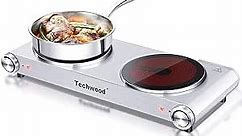 Hot Plate, Techwood 1800W Dual Electric Stoves, Countertop Stove Double Burner for Cooking, Infrared Ceramic Hot Plates Double Cooktop, Silver, Brushed Stainless Steel Easy to Clean Upgraded Version