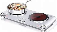 Hot Plate, Techwood 1800W Dual Electric Stoves, Countertop Stove Double Burner for Cooking, Infrared Ceramic Hot Plates Double Cooktop, Silver, Brushed Stainless Steel Easy to Clean Upgraded Version