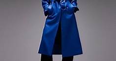 Topshop 80s faux leather long-line trench coat in cobalt blue  | ASOS