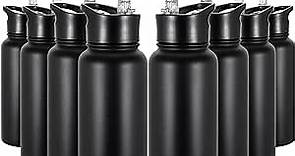 VQRRCKI 32 Oz Insulated Water Bottle Bulk 8 Pack, Stainless Steel Sports Water Bottles with Straw Lid & Wide Mouth Lids, Double Walled Vacuum, Leak Proof, Black