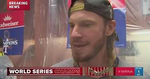 Travis Jankowski speaks after the Texas Rangers win the 2023 World Series