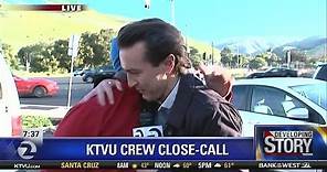 KTVU reporter emotional live shot after nearly hit by car